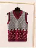 BX0007-WINE 100% Cotton Kids V-Neck Argyle Sweater Vest, Boys and Girls School Uniform Knitwear, Wine Red, Size 110