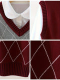 BX0007-WINE 100% Cotton Kids V-Neck Argyle Sweater Vest, Boys and Girls School Uniform Knitwear, Wine Red, Size 110