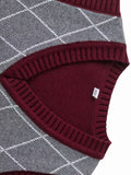 BX0007-WINE 100% Cotton Kids V-Neck Argyle Sweater Vest, Boys and Girls School Uniform Knitwear, Wine Red, Size 110
