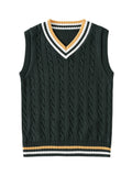 BX0009-DARK 100% Cotton Kids V-Neck Cable Knit Sweater Vest, Boys and Girls Knitwear, Dark Green, Size 110