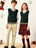 BX0009-DARK 100% Cotton Kids V-Neck Cable Knit Sweater Vest, Boys and Girls Knitwear, Dark Green, Size 130