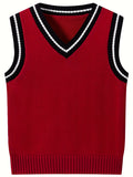 BX0011-DARK 100% Cotton Kids V-Neck Striped Sweater Vest, Boys and Girls Knitwear, Dark Red, Size 120