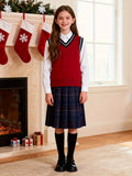 BX0011-DARK 100% Cotton Kids V-Neck Striped Sweater Vest, Boys and Girls Knitwear, Dark Red, Size 120