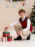 BX0011-DARK 100% Cotton Kids V-Neck Striped Sweater Vest, Boys and Girls Knitwear, Dark Red, Size 120