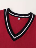 BX0011-DARK 100% Cotton Kids V-Neck Striped Sweater Vest, Boys and Girls Knitwear, Dark Red, Size 130