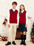 BX0011-DARK 100% Cotton Kids V-Neck Striped Sweater Vest, Boys and Girls Knitwear, Dark Red, Size 150