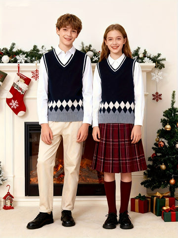 BX0012-NAVY 100% Cotton Kids V-Neck Argyle Sweater Vest, Boys and Girls Knitwear, Navy Blue, Size 120 In Australia - Darrahopens