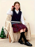BX0012-NAVY 100% Cotton Kids V-Neck Argyle Sweater Vest, Boys and Girls Knitwear, Navy Blue, Size 120