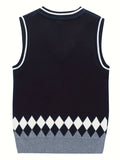 BX0012-NAVY 100% Cotton Kids V-Neck Argyle Sweater Vest, Boys and Girls Knitwear, Navy Blue, Size 130 In Australia - Darrahopens