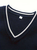 BX0012-NAVY 100% Cotton Kids V-Neck Argyle Sweater Vest, Boys and Girls Knitwear, Navy Blue, Size 140