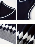 BX0012-NAVY 100% Cotton Kids V-Neck Argyle Sweater Vest, Boys and Girls Knitwear, Navy Blue, Size 140