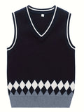 BX0012-NAVY 100% Cotton Kids V-Neck Argyle Sweater Vest, Boys and Girls Knitwear, Navy Blue, Size 150 In Australia - Darrahopens