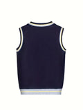 BX0026-NAVY 100% Cotton Kids V-Neck Striped Sweater Vest, Boys and Girls Knitwear, Navy Blue, Size 160 In Australia - Darrahopens