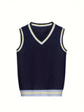 BX0026-NAVY 100% Cotton Kids V-Neck Striped Sweater Vest, Boys and Girls Knitwear, Navy Blue, Size 160
