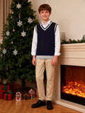 BX0026-NAVY 100% Cotton Kids V-Neck Striped Sweater Vest, Boys and Girls Knitwear, Navy Blue, Size 165