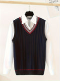 BX0037-NAVY 100% Cotton Kids V-Neck Striped Sweater Vest, Boys and Girls Knitwear, Navy Blue, Size 110 In Australia - Darrahopens