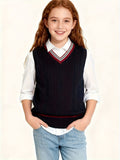 BX0037-NAVY 100% Cotton Kids V-Neck Striped Sweater Vest, Boys and Girls Knitwear, Navy Blue, Size 110