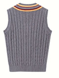 BX0038-DARK 100% Cotton Kids V-Neck Striped Sweater Vest, Boys and Girls Knitwear, Dark Grey, Size 110
