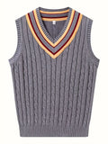 BX0038-DARK 100% Cotton Kids V-Neck Striped Sweater Vest, Boys and Girls Knitwear, Dark Grey, Size 110