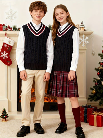 BX0038-NAVY 100% Cotton Kids V-Neck Striped Sweater Vest, Boys and Girls Knitwear, Navy Blue, Size 110 In Australia - Darrahopens