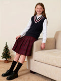 BX0038-NAVY 100% Cotton Kids V-Neck Striped Sweater Vest, Boys and Girls Knitwear, Navy Blue, Size 110