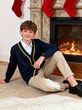 KS0007-NAVY 100% Cotton Kids V-Neck Long sleeve Button Cardigan, Boys and Girls School Uniform Knitwear, Navy Blue, Size 130