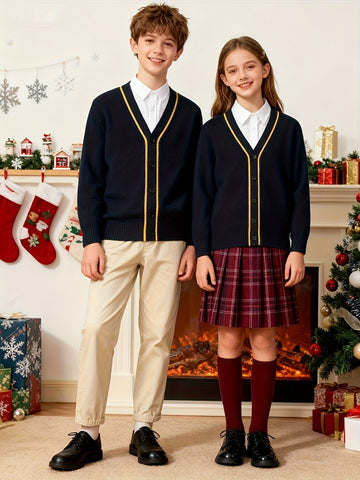 KS0007-NAVY 100% Cotton Kids V-Neck Long sleeve Button Cardigan, Boys and Girls School Uniform Knitwear, Navy Blue, Size 140