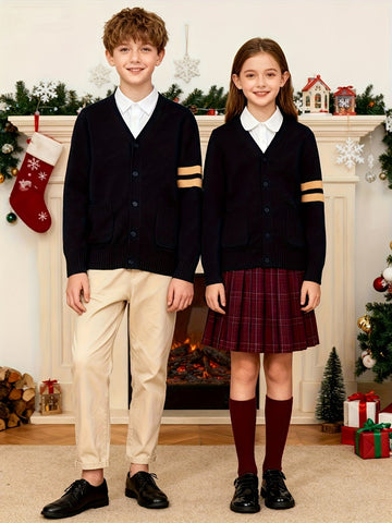 KS0015-NAVY 100% Cotton Kids V-Neck Long sleeve Button Cardigan, Boys and Girls School Uniform Knitwear, Navy Blue, Size 150 In Australia - Darrahopens