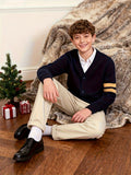 KS0015-NAVY 100% Cotton Kids V-Neck Long sleeve Button Cardigan, Boys and Girls School Uniform Knitwear, Navy Blue, Size 170