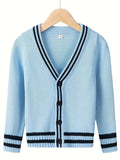 KS0017-LIGHT 100% Cotton Kids V-Neck Long sleeve Button Cardigan, Boys and Girls Knitwear, Light Blue, Size 130