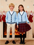 KS0017-LIGHT 100% Cotton Kids V-Neck Long sleeve Button Cardigan, Boys and Girls Knitwear, Light Blue, Size 150