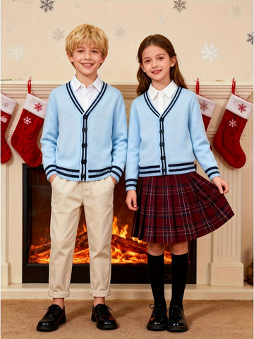 KS0017-LIGHT 100% Cotton Kids V-Neck Long sleeve Button Cardigan, Boys and Girls Knitwear, Light Blue, Size 170 In Australia - Darrahopens