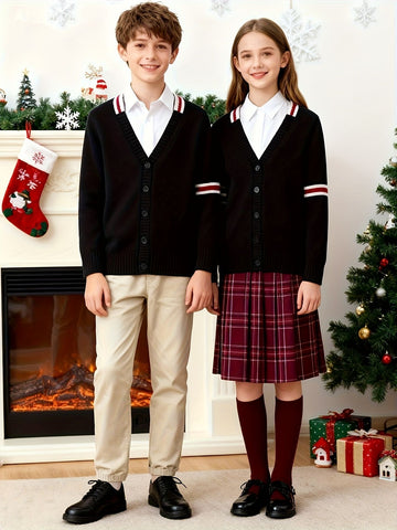 KS0019-NAVY 100% Cotton Kids V-Neck Long sleeve Button Cardigan, Boys and Girls Knitwear, Navy Blue, Size 120 In Australia - Darrahopens