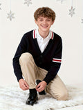 KS0019-NAVY 100% Cotton Kids V-Neck Long sleeve Button Cardigan, Boys and Girls Knitwear, Navy Blue, Size 160