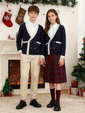 KS0025-NAVY Cotton Rich Kids V-Neck Long sleeve Button Cardigan, Boys and Girls School Uniform Knitwear, Navy Blue, Size 130