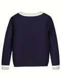 KS0025-NAVY Cotton Rich Kids V-Neck Long sleeve Button Cardigan, Boys and Girls School Uniform Knitwear, Navy Blue, Size 150
