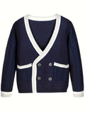 KS0025-NAVY Cotton Rich Kids V-Neck Long sleeve Button Cardigan, Boys and Girls School Uniform Knitwear, Navy Blue, Size 150