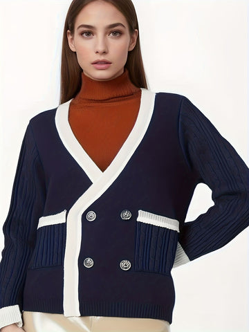 KS0025-NAVY Cotton Rich Kids V-Neck Long sleeve Button Cardigan, Boys and Girls School Uniform Knitwear, Navy Blue, Size 165