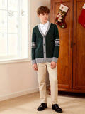 KS0034-DARK 100% Cotton Kids V-Neck Long sleeve Button Cardigan, Boys and Girls Knitwear, Dark Green, Size 165