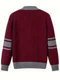 KS0034-WINE 100% Cotton Kids V-Neck Long sleeve Button Cardigan, Boys and Girls Knitwear, Wine Red, Size 130