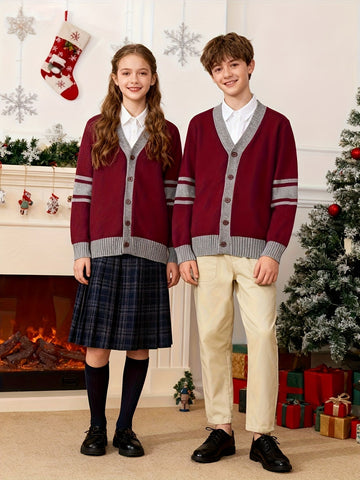 KS0034-WINE 100% Cotton Kids V-Neck Long sleeve Button Cardigan, Boys and Girls Knitwear, Wine Red, Size 160 In Australia - Darrahopens