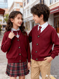 KS0036-WINE Soft Knit Blend Kids V-Neck Long sleeve Button Cardigan, Boys and Girls Knitwear, Wine Red, Size 120