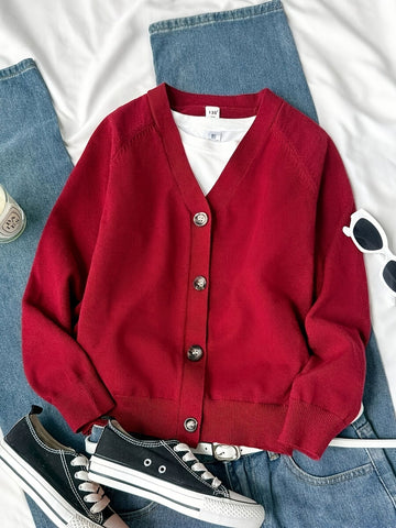 KS0036-WINE Soft Knit Blend Kids V-Neck Long sleeve Button Cardigan, Boys and Girls Knitwear, Wine Red, Size 130 In Australia - Darrahopens