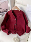 KS0036-WINE Soft Knit Blend Kids V-Neck Long sleeve Button Cardigan, Boys and Girls Knitwear, Wine Red, Size 170
