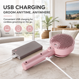 White USB Rechargeable Pet Spray Grooming Brush for Cats and Dogs, Self Cleaning Slicker Brush with Fine Mist, 140° Curved Stainless Steel Pins, One Click Hair Release, 300mAh Battery