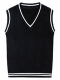 SW002-BL 100% Cotton Kids V-Neck Cable Knit Sweater Vest, Boys and Girls Knitwear, Bl, Size 110