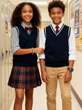 SW004 100% Cotton Kids V-Neck Striped Sweater Vest, Boys and Girls School Uniform Knitwear, Navy Blue, Size 120 In Australia - Darrahopens