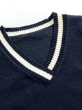 SW004 100% Cotton Kids V-Neck Striped Sweater Vest, Boys and Girls School Uniform Knitwear, Navy Blue, Size 120