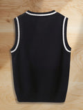 SW004 100% Cotton Kids V-Neck Striped Sweater Vest, Boys and Girls School Uniform Knitwear, Navy Blue, Size 120