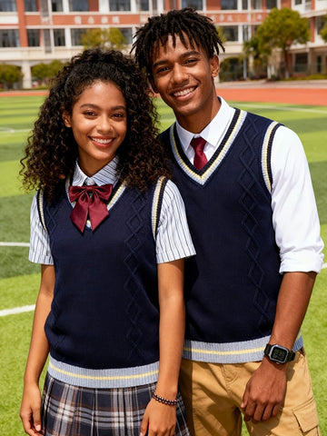 SW005 Cotton Rich Kids V-Neck Argyle Sweater Vest, Boys and Girls Knitwear, Navy Blue, Size 120 In Australia - Darrahopens